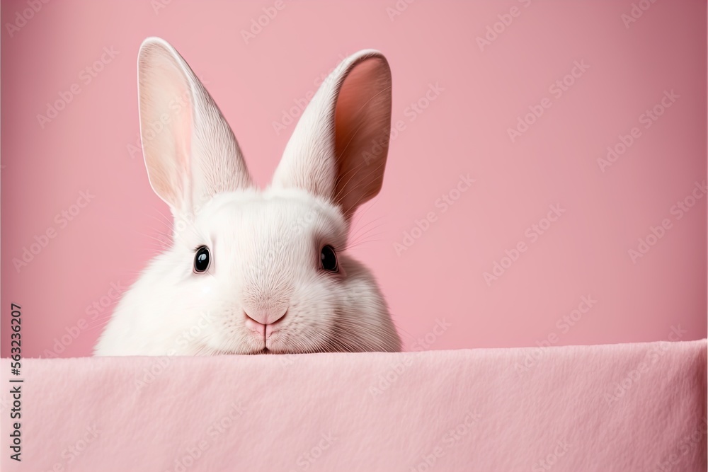 Cute easter rabbit sticking out pink corner on pink background with empty space for text or product. Currious small bunny symbol of spring and easter