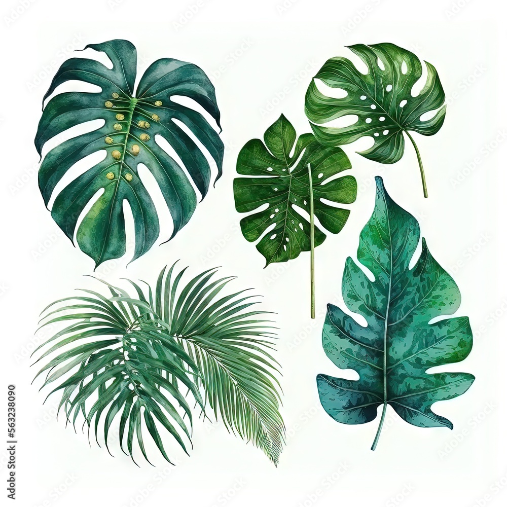 Collection de feuilles tropicales sauvages aquarelles. Feuilles de ...