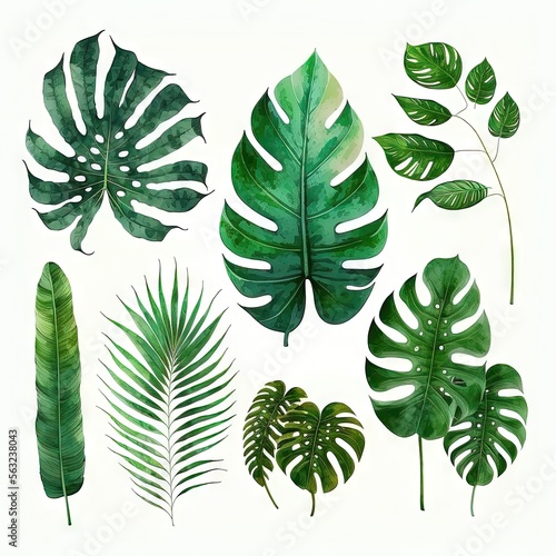 Collection de feuilles tropicales sauvages aquarelles. Feuilles de plantes de la jungle isol  es sur fond blanc. Monstera  banane  feuilles de palmier.