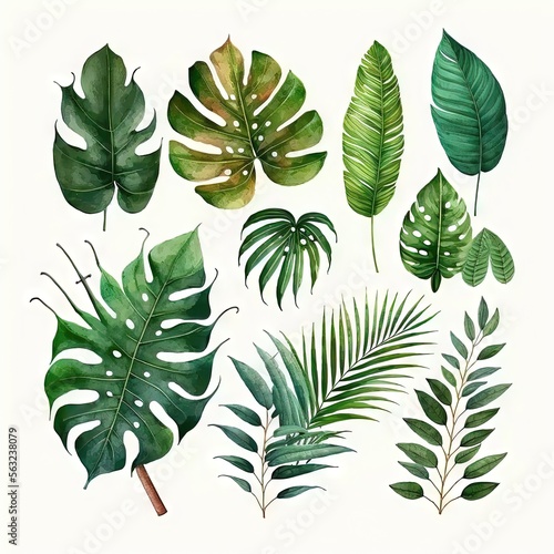 Collection de feuilles tropicales sauvages aquarelles. Feuilles de plantes de la jungle isol  es sur fond blanc. Monstera  banane  feuilles de palmier.