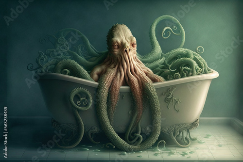 Cthulhu in bath, Generative AI photo