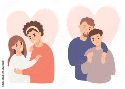 Happy lgbt family. Two enamored lesbian girl and loving couple of gay men. Vector illustration in flat cartoon style. Romantic couple homosexuals on background of heart.