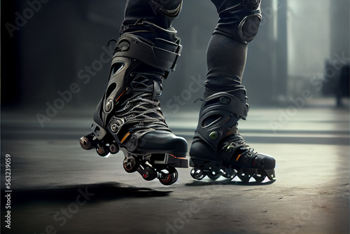 Man legs on roller skates at summer. Inline skates sport conceptual image.