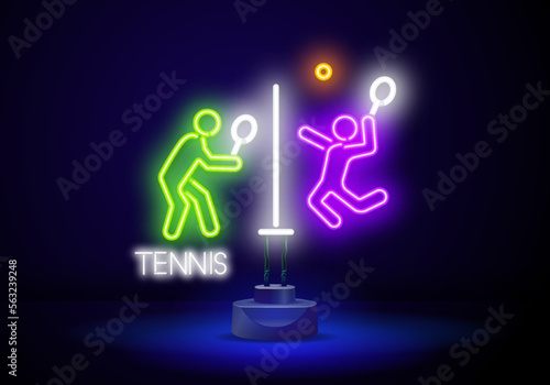 Two Professional neon tennis player illustration. Light linear neon tennis player on a black background. Tennis Game Equipment neon light sign vector. Glowing bright icon Racket And Tennis Field