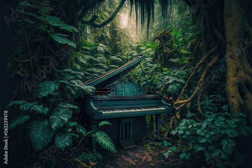 old piano in a forest with sunlight and trees
