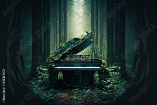 green grass-covered piano in a forest, with sunlight and realistic greenery 