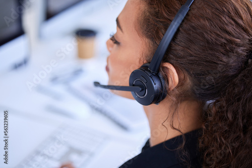 Customer support woman, communication and headset microphone for advice, conversation and consulting. Crm expert, contact us consultant or telemarketing agent with voip tech, customer service and job photo