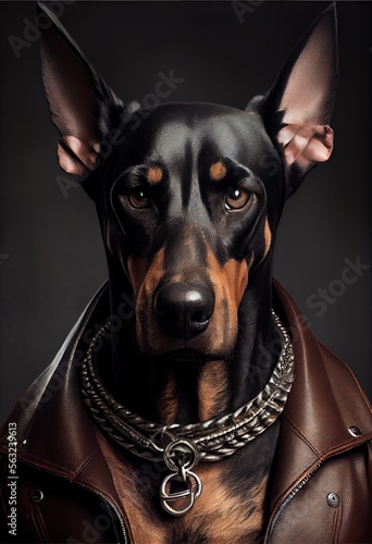 Doberman Pinscher Dog wearing leather jacket - Dog Breed Portrait