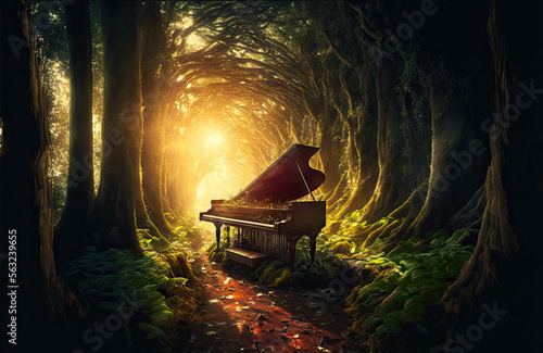 hyper-realistic image of a forest with a piano in the sunlight