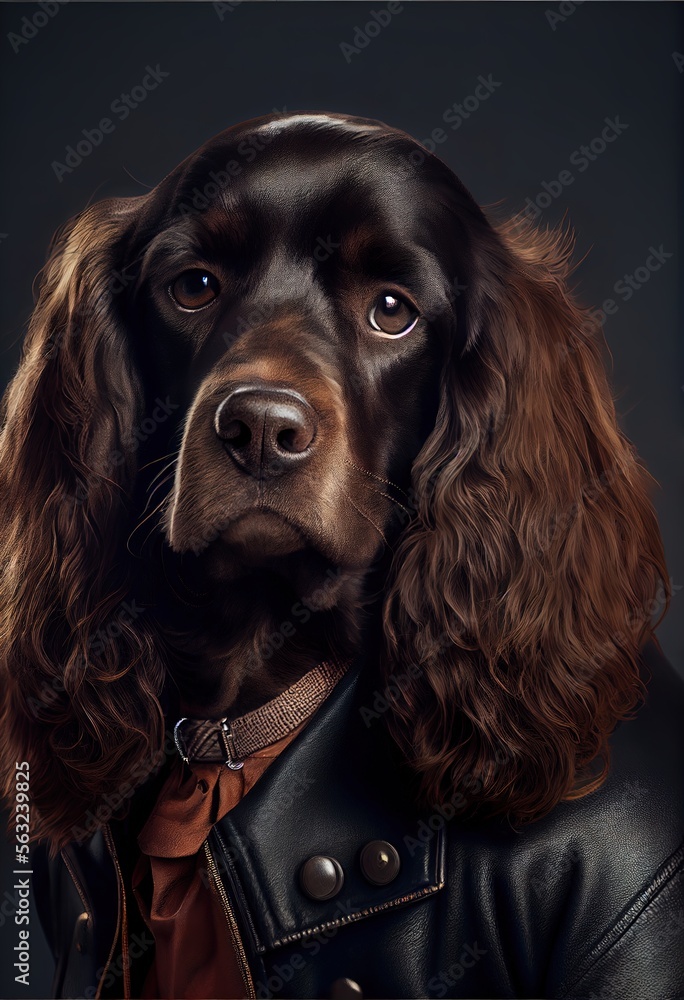 Cocker Spaniel Dog wearing a leather jacket - Dog Breed Portrait