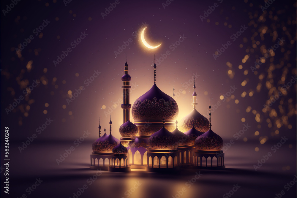 3d Ramadan Kareem Islamic Background with Mosque Moon and Stars, Generative Ai