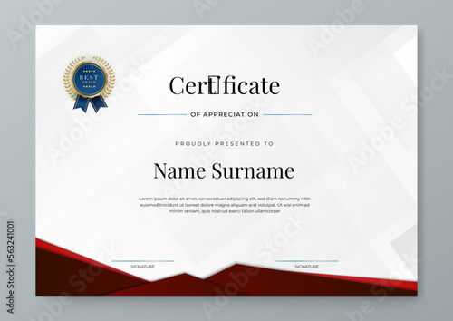 Modern elegant certificate template with red and white color combination. Certificate of achievement template with badge and border. Business award design template