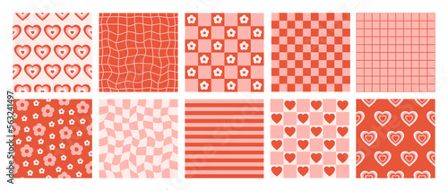 Groovy set romantic seamless patterns in retro style 60s, 70s. Trendy vector background. Red and pink colors