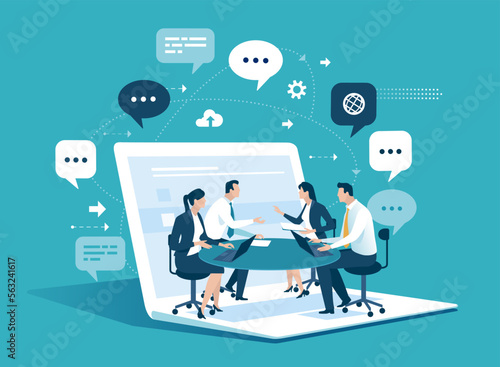 Network communication. Connecting to a team over the network. Business vector illustration.
