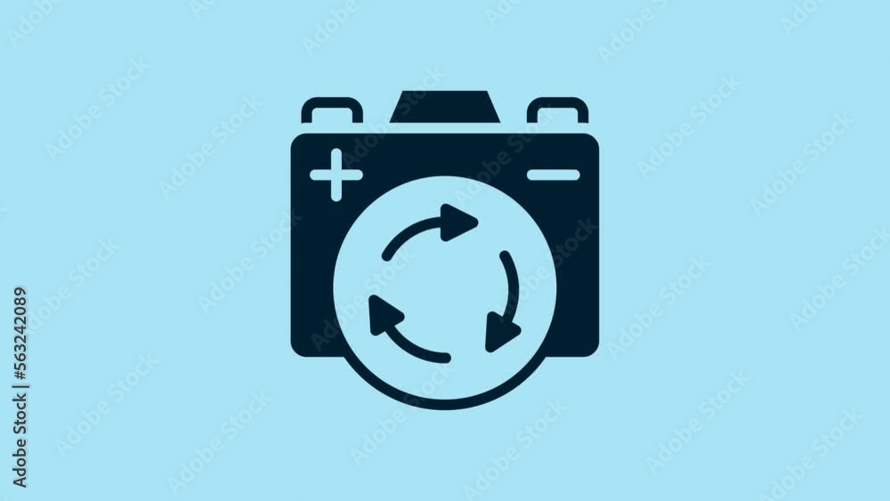 Blue Battery with recycle symbol icon isolated on blue background. Battery with recycling symbol - renewable energy concept. 4K Video motion graphic animation Blue Battery with recycle symbol icon isolated on blue background. Battery with recycling symbol - renewable energy concept. 4K Video motion graphic animation