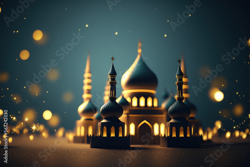 3d Ramadan Kareem Islamic Background with Mosque Moon and Stars, Generative Ai © Saleem