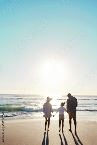 Canvas Print Family, beach and sunset walk during summer on vacation or holiday relaxing at a peaceful scenery at the ocean