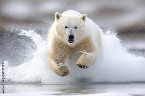 White polar bear runs into the camera on the water. Generative AI photo