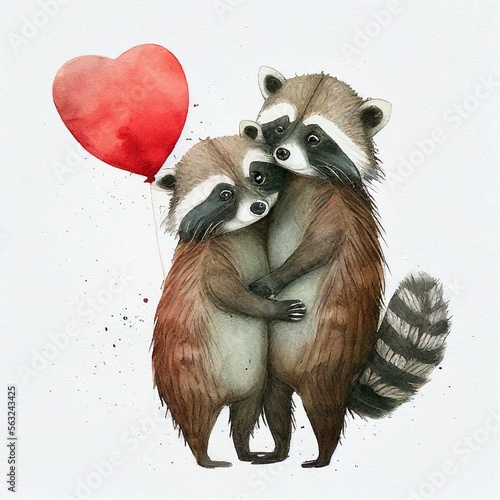 Valentine's Day: a couple of cute racoons and red heart balloon; watercolor AI generated illustration with white isolated background