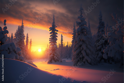 Sunset in Snowy Winter in Pine Trees, Generative Ai