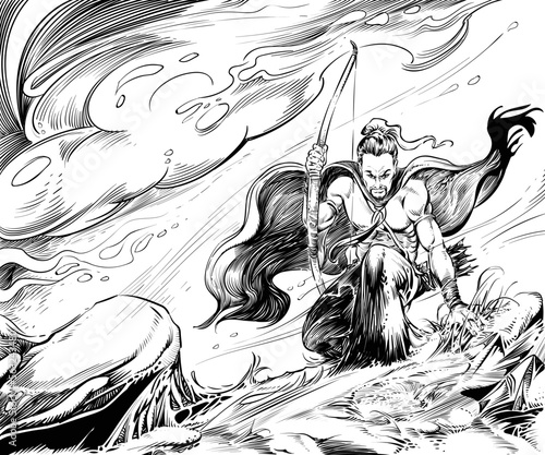 The hunter had a robeless shawl holding a bow. Crouch down to look at something on the ground..Digital line art illustration style