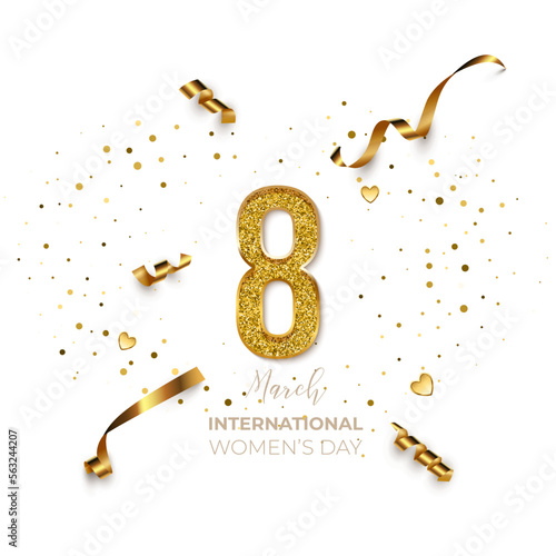 8 March International Woman's Day vector template. Festive postcard, greeting card design with gold number eight, ribbons and confetti, holiday congratulations on white background