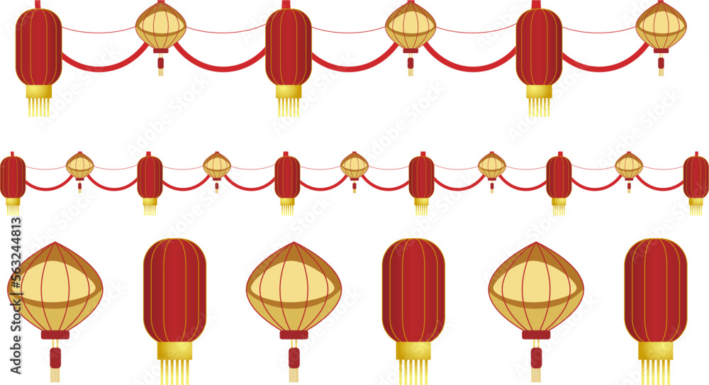 Chinese New Year Icons vector set. Chinese paper lantern  of Asian Lunar New Year holiday decoration vector. Oriental culture tradition illustration, set of chinese year vector lamp 