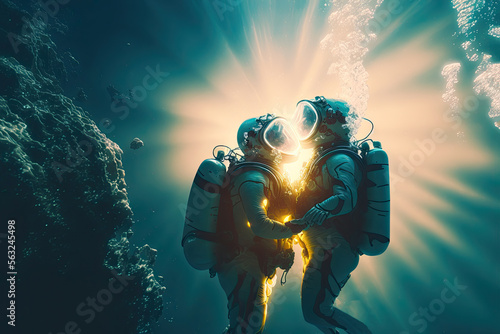 Obraz na plátně Generative AI illustration of a couple of divers in love holding hands and looki