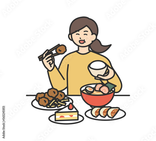 暴飲暴食する女性のイラスト素材