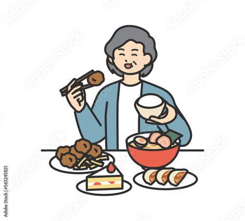 暴飲暴食する女性のイラスト素材