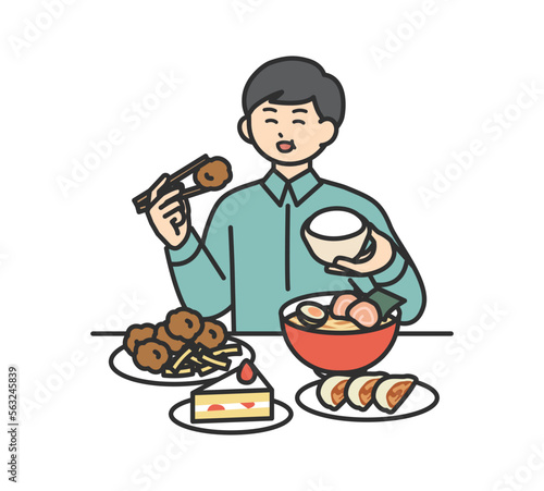 暴飲暴食する男性のイラスト素材