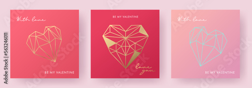 Happy Valentines day greeting card set. Trendy love and Valentine cards with typography and beautiful geometric line art golden jewelry hearts. Minimal poster, cover, banner, social media template