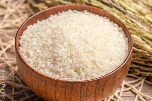 White rice, Masu and ears of rice on a white background