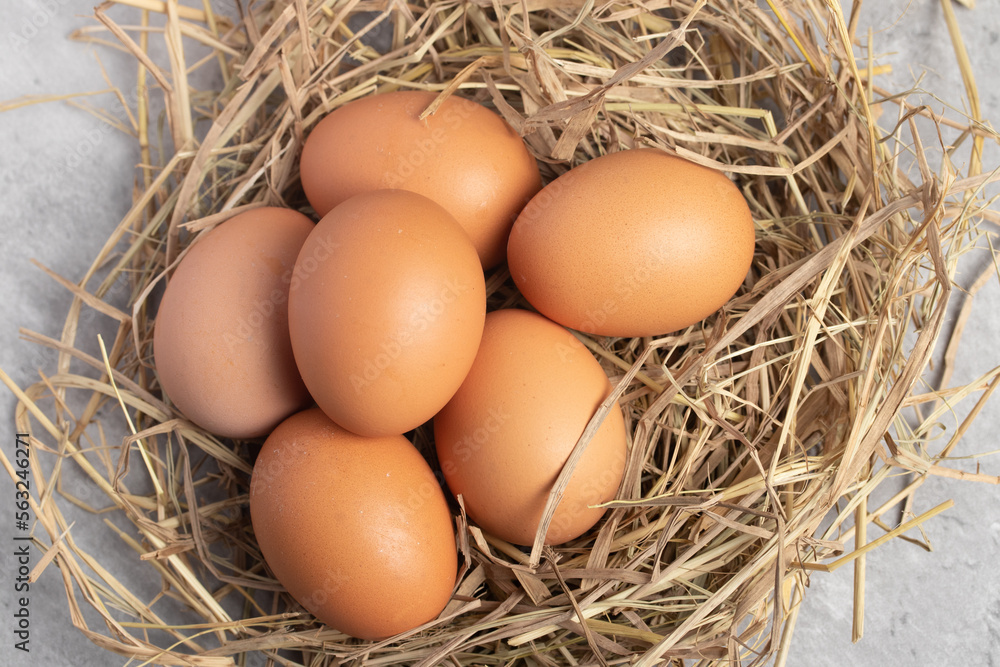 Fresh chicken eggs in straw, gray background. Copy space. Fresh chicken eggs in straw, gray background. Copy space.