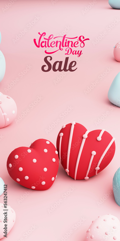 Valentines Day Sale Standee Banner or Template Design With 3D Render Heart Shapes Decorated On Pink Background.