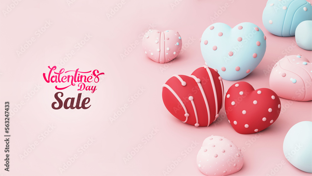 Valentines Day Sale Banner or Hero Image With 3D Render, Heart Shapes Decorated On Pink Background.