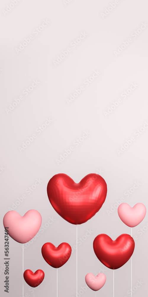 Realistic Red Glossy Heart Shape Balloons And Copy Space. 3D Rendering.
