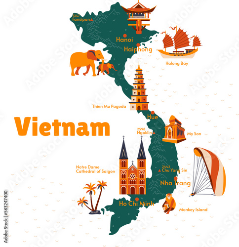 Vector map of Vietnam. Sights. Attraction. Historical places. Tourism. Cities. Guide. Asia. Mountains. Ho Chi Minh City. Saigon. Nha Trang. Hanoi. My Son. Halong Bay. Vacation on the beach.