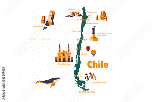 Vector map of Chile. Easter Island. Atacama. Magdalena Island. La Portada. Chiloé Churches. Sights. Historical places. Tourism. Cities. Guide. Latin America. Mountains. For travel.