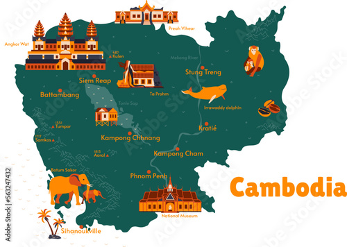 Vector map of Cambodia. Sights. Attraction. Historical places. Tourism. Cities. Guide. Asia. Mountains. Angkor Wat. Ta Prohm. Preah Vihear. Irrawaddy dolphin. Phnom Penh. Siem Reap. Mekong. photo