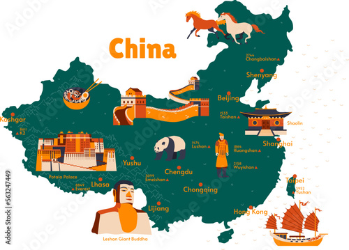 Vector map of China. Sights. Historical places. Tourism. Cities. Guide. Asia. Mountains. Everest. Himalayas. Tibet. Hong Kong. Beijing. Lushan. Leshan Giant Buddha. Potala Palace. Great Wall of China. photo