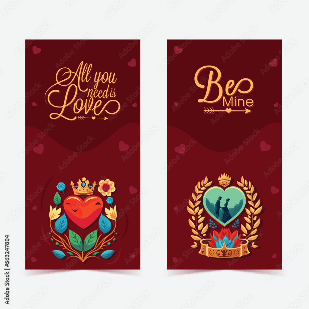 Happy Valentine's Day Template or Standee Banner With Love Quotes In Two Options. All You Need Is Love, Be Mine Message Text. Happy Valentine's Day Template or Standee Banner With Love Quotes In Two Options. All You Need Is Love, Be Mine Message Text.