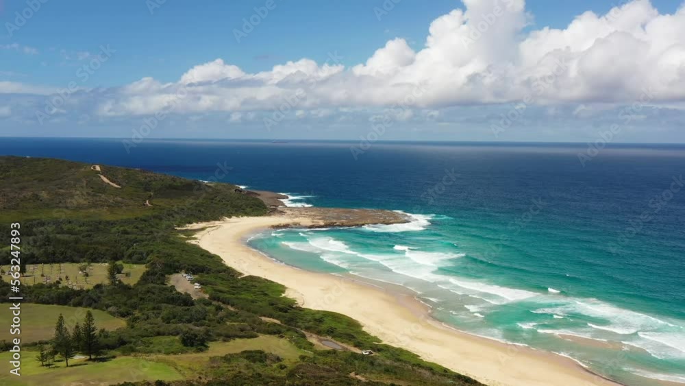 Scenic Catherine Hill bay beach in aerial flying over Pacific ocean coast as 4k.

