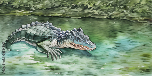 A beautiful painted watercolor aquarel of a Alligator character in its natural habitat