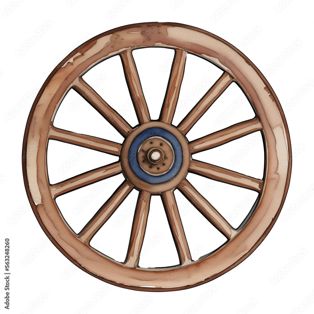 wooden wheel digital drawing with watercolor style illustration Stock