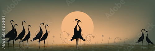 birds and botanical wall art vector. Abstract shape Plant Art design for print, cover, wallpaper, Minimal and natural wall art. stork, crane.