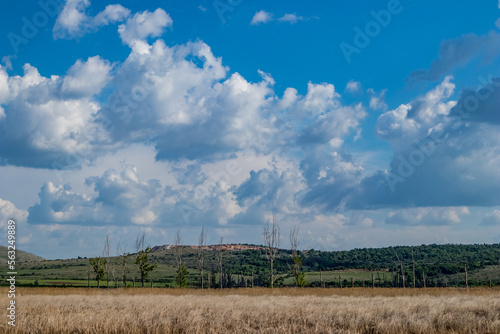 Cloudscape and distant high-voltage electrical poles. No people in this empty vastness, scenery view of Dragoman swamp, Western Bulgaria
