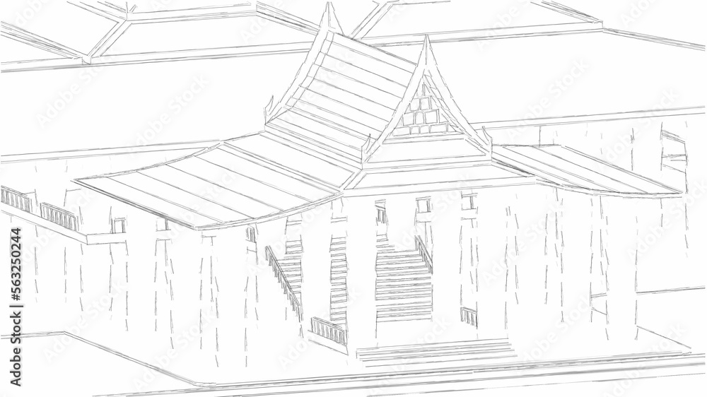Sketch buddhist temple, 3d sketch of temple in Asia. Architectural 3d illustration.