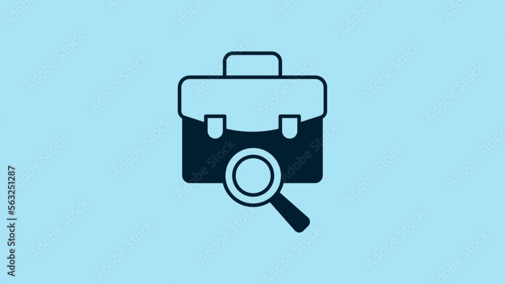 Blue Magnifying glass with briefcase icon isolated on blue background. Job hunting. Work search concept. Unemployment, head hunting, career. 4K Video motion graphic animation Blue Magnifying glass with briefcase icon isolated on blue background. Job hunting. Work search concept. Unemployment, head hunting, career. 4K Video motion graphic animation