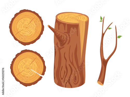 Cartoon timber. Hardwoods construction materials vector isolated set. Wood log and trunk, stump and plank. Wooden firewood logs. Logs and boards for the forest industry set cartoon vector illustration